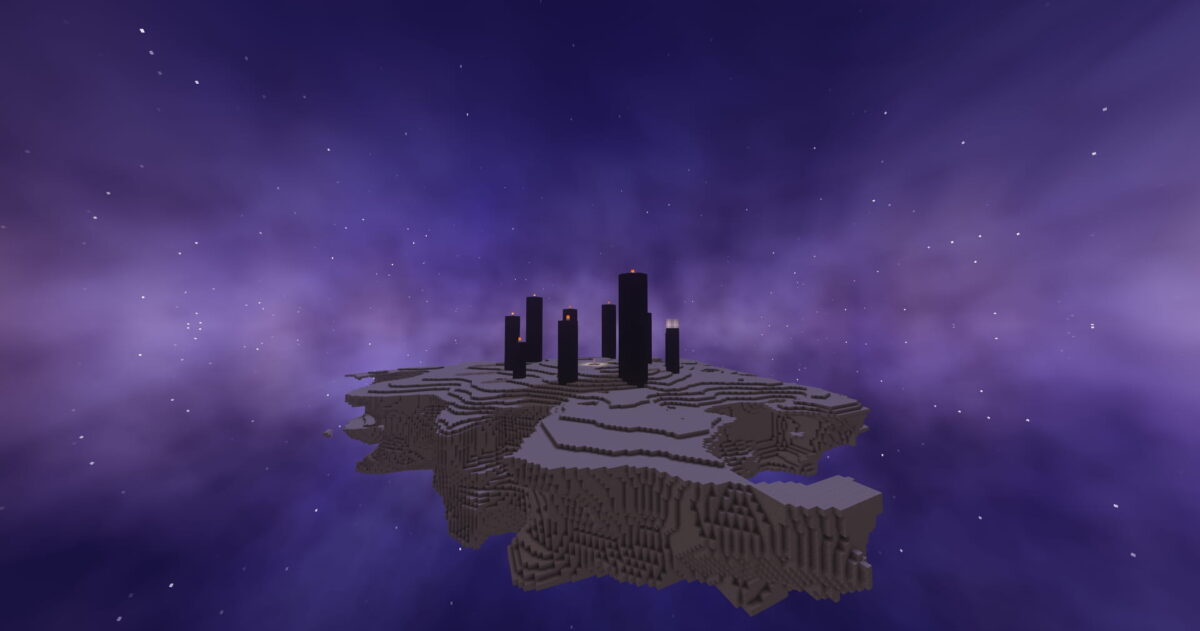 Île flottante dans l'End avec un ciel violet profond et des tours obsidiennes dans Minecraft avec le Solas Shader.