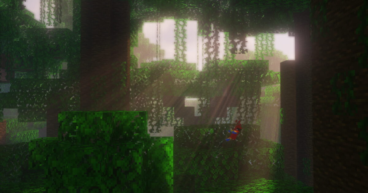 Rayons de lumière traversant la végétation dense d'une jungle dans Minecraft avec le Solas Shader.