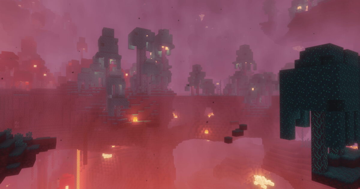 Atmosphère brumeuse et éclairage dramatique dans le Nether de Minecraft avec le Solas Shader.