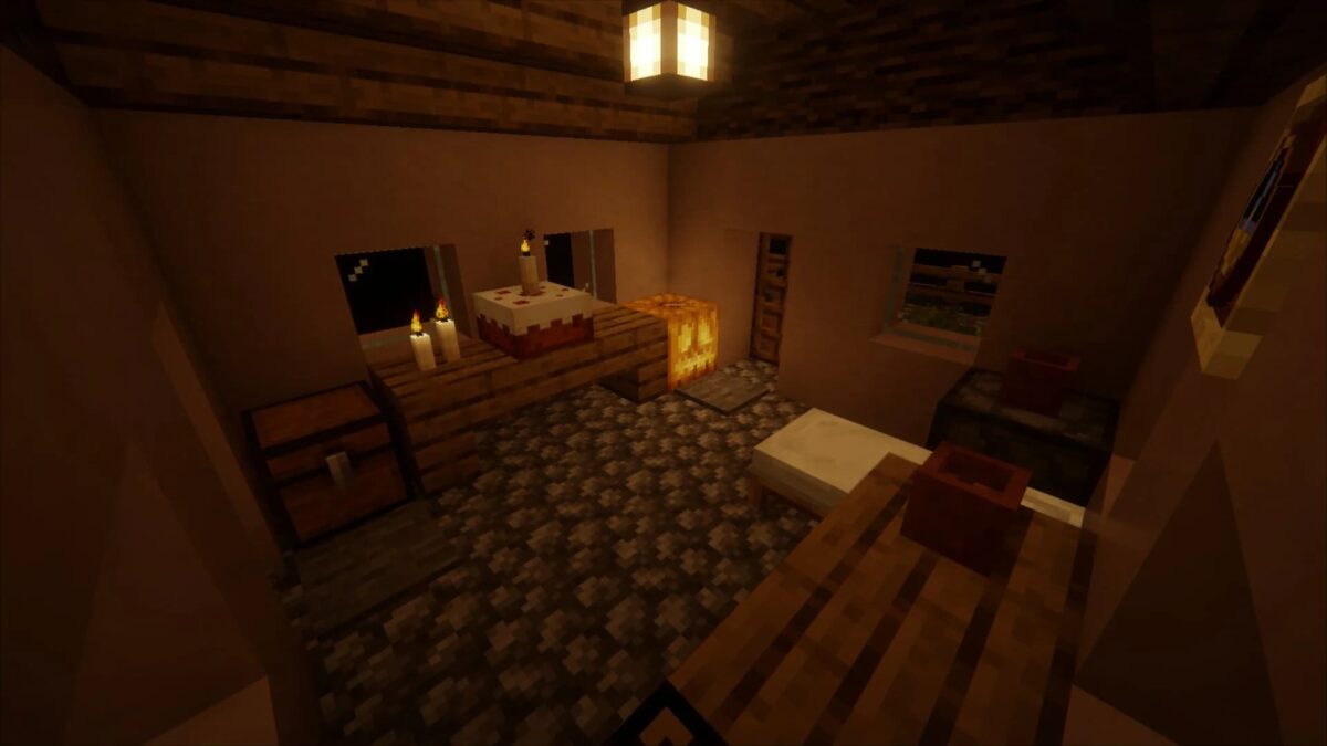 Minecraft Spooklementary shader, intérieur d'une maison avec des décorations simples et une lumière chaleureuse