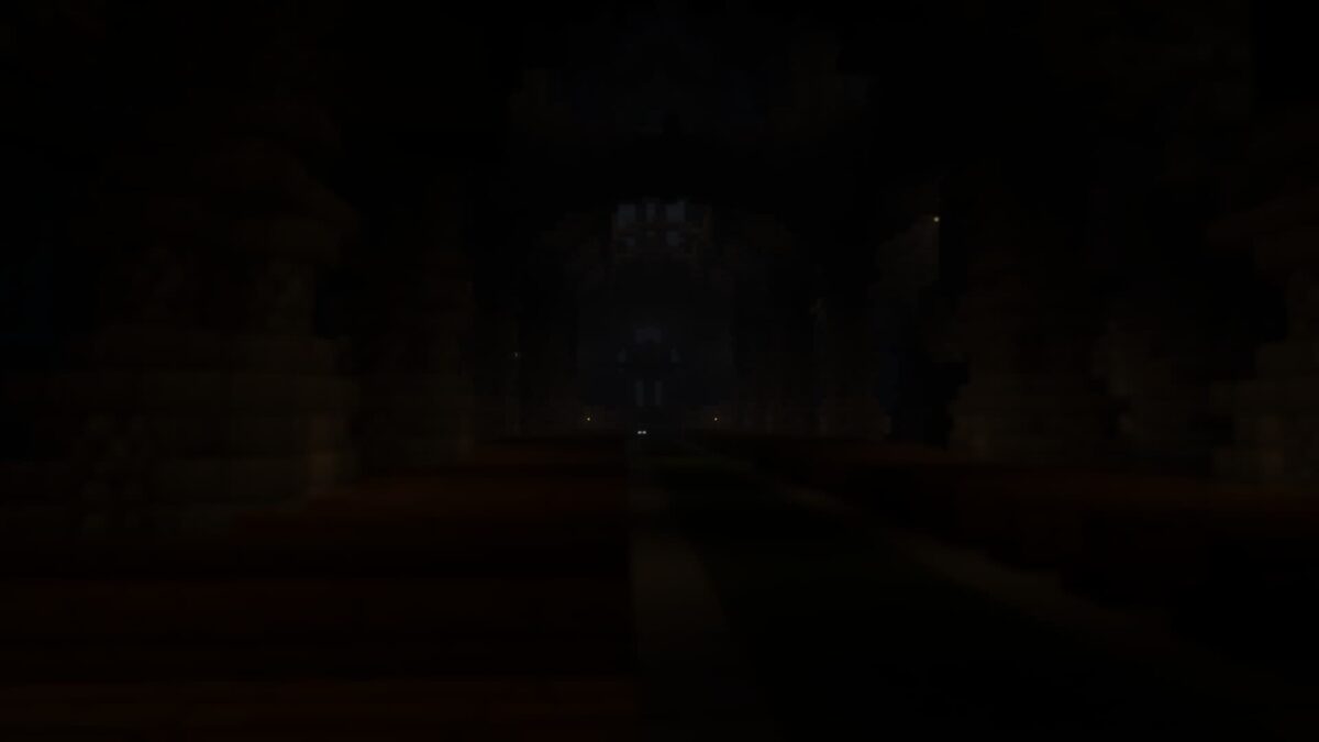 Minecraft Spooklementary shader, intérieur sombre d'une structure mystérieuse et inquiétante