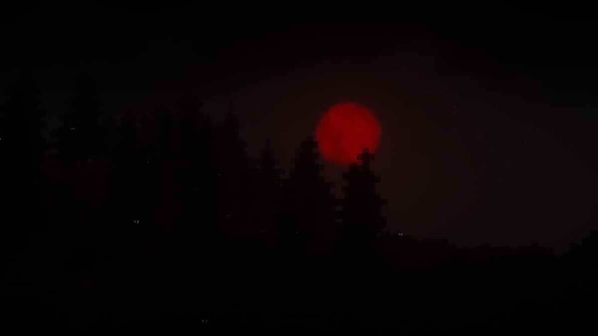 Minecraft Spooklementary shader, lune de sang brillant dans un ciel nocturne sombre avec des arbres en silhouette