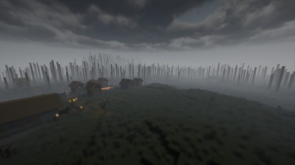 Minecraft Spooklementary shader, village dans une vallée brumeuse entourée de piliers mystérieux et d'un ciel nuageux