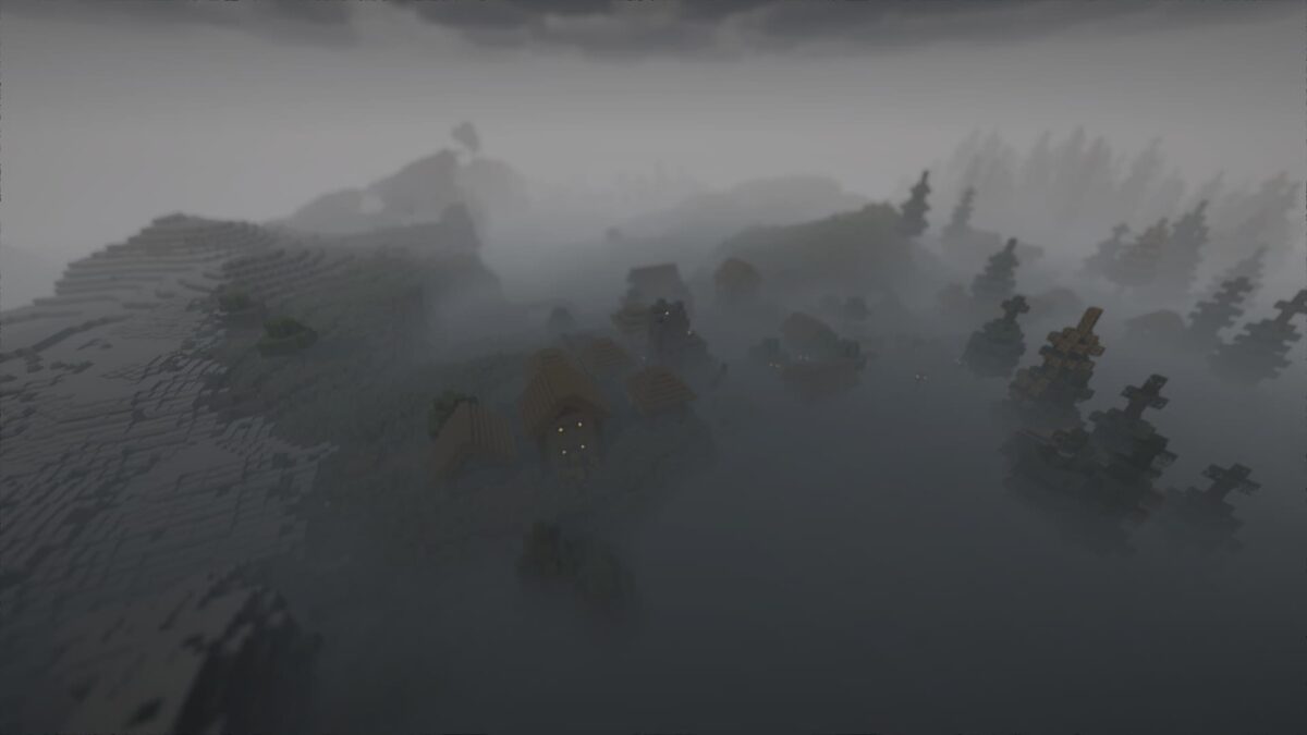 Minecraft Spooklementary shader, village isolé dans une vallée brumeuse, avec une ambiance sombre et inquiétante