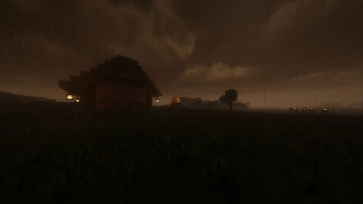 Minecraft Spooklementary shader, village sous une pluie battante avec une lumière faible et un ciel menaçant