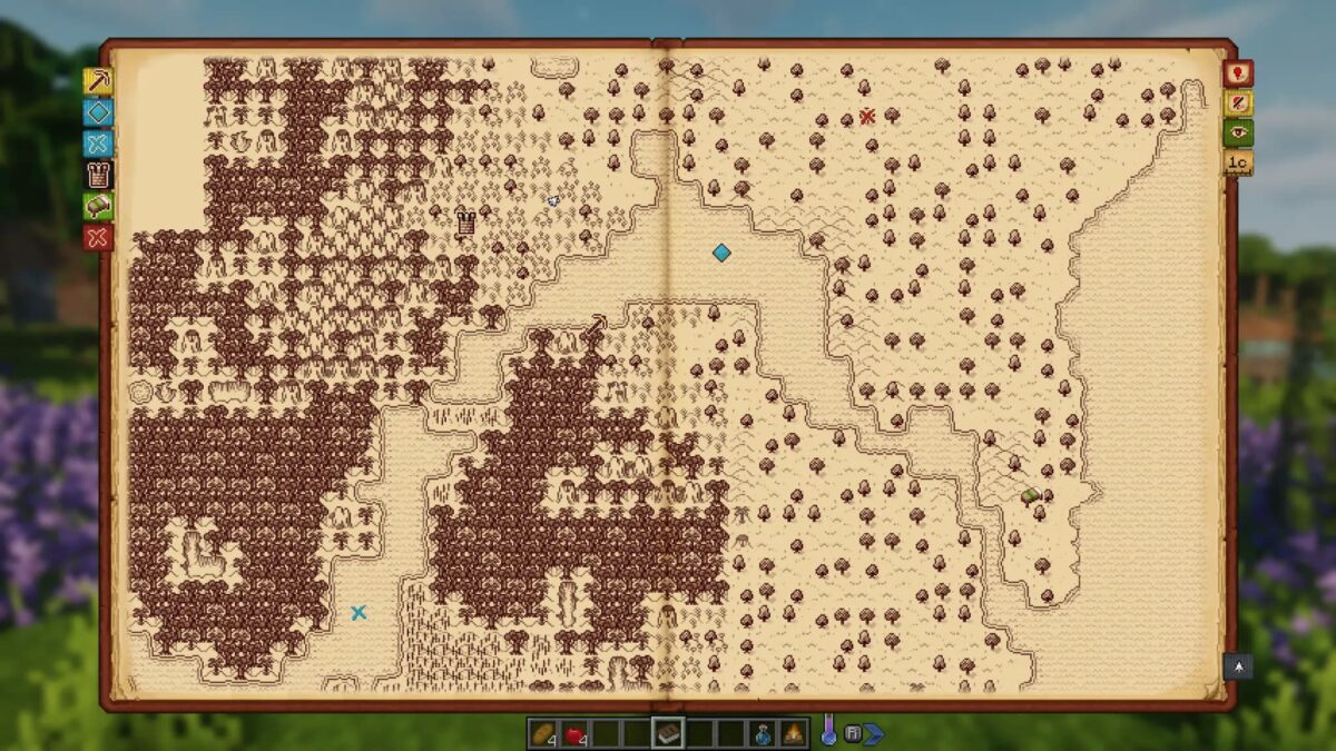 Carte détaillée dans Tales of Aged Minecraft utilisant le mod Antique Atlas pour une navigation améliorée.