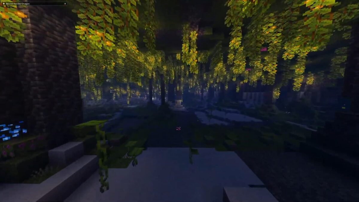 forêt souterraine illuminée dans Minecraft avec Bicubic Shaders BE sur Minecraft Bedrock Edition