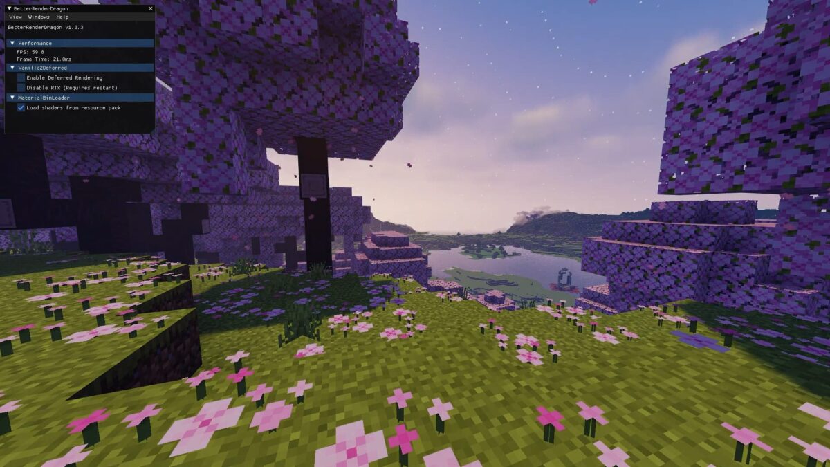 arbres en fleurs et paysage naturel améliorés dans Minecraft grâce au Bicubic Shaders BE sur Bedrock Edition