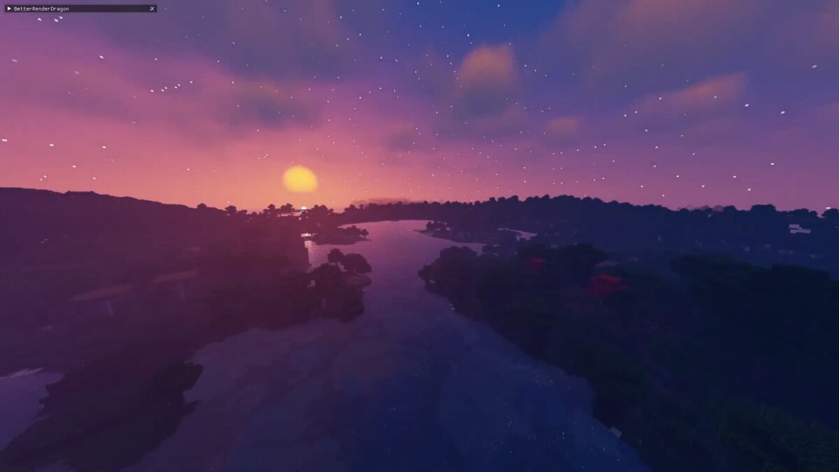 coucher de soleil vibrant et ciel étoilé dans Minecraft avec Bicubic Shaders BE pour Bedrock Edition