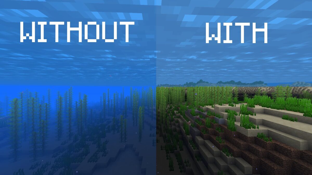 Comparaison avant et après du pack de textures Clear Lava and Water dans Minecraft, montrant une visibilité claire sous l'eau