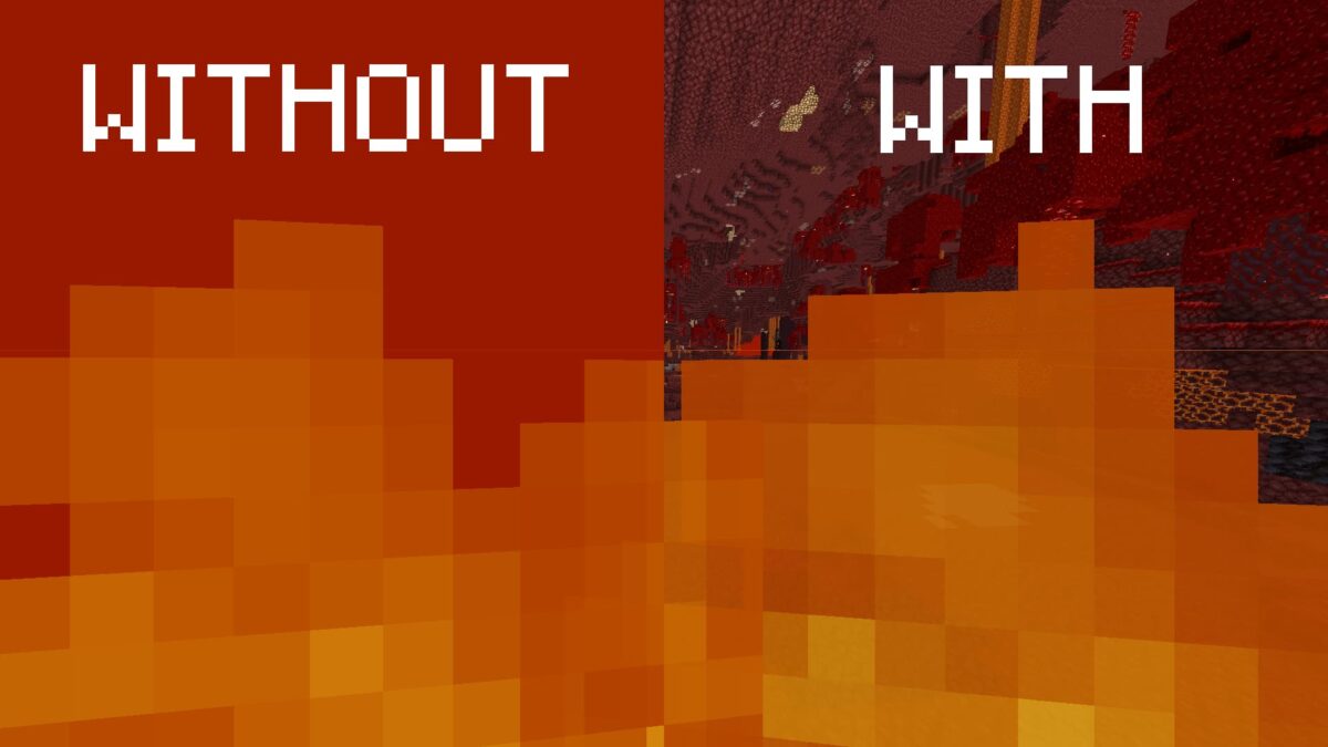 Comparaison avant et après du pack de textures Clear Lava and Water dans Minecraft, montrant la clarté à travers le feu dans le Nether.