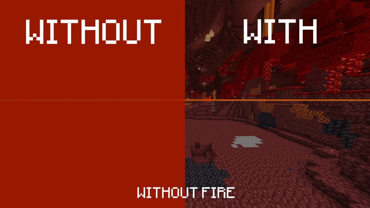 Comparaison avant et après du pack de textures Clear Lava and Water dans Minecraft, montrant une visibilité sans l'effet de feu dans le Nether