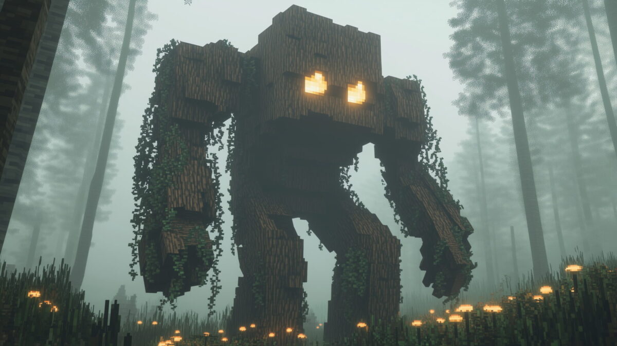 Mob Creaking en bois sensible aux sons dans une forêt brumeuse de Minecraft