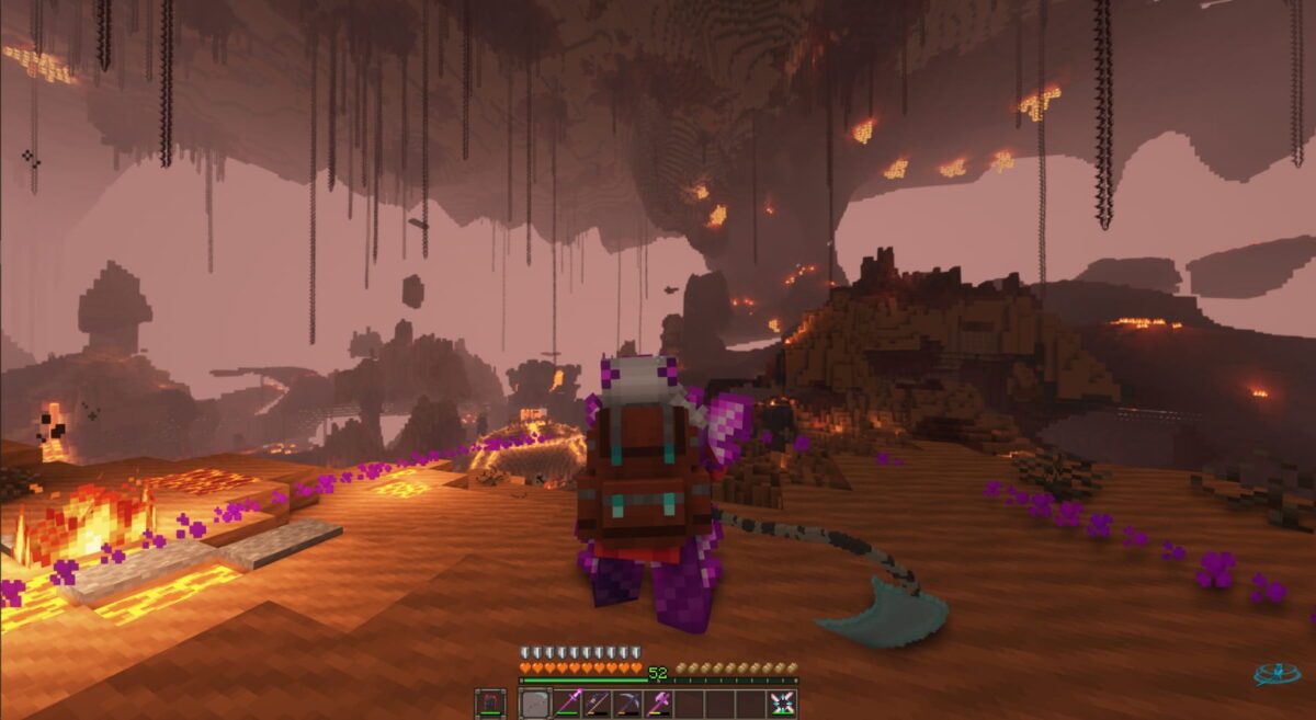 Personnage dans une région du Nether infernale dans DawnCraft - Echoes of Legends, modpack Minecraft