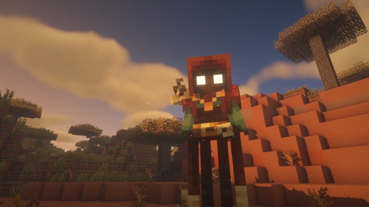 Enderman Overhaul Minecraft Badlands variant avec capuche et crâne miniature en arrière-plan