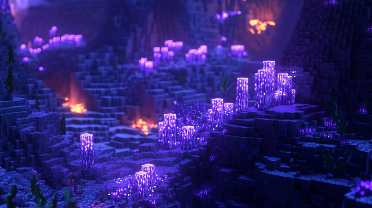 Biome Jardin Pâle dans le Nether avec cristaux lumineux violets dans un paysage sombre