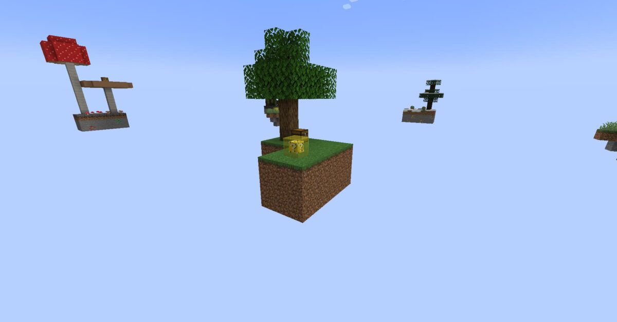 Minecraft LuckySkyBlock – île flottante avec un arbre et un Lucky Block pour un défi de survie