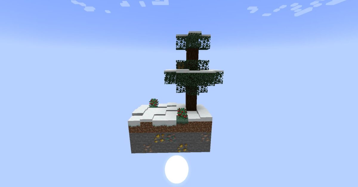 Minecraft LuckySkyBlock – île flottante enneigée avec un arbre et des Lucky Blocks