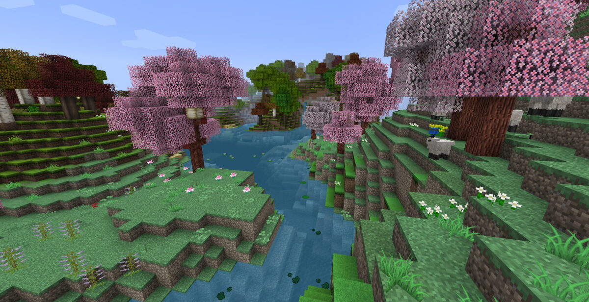 Paysage de rivière bordée de cerisiers en fleurs dans MC Eternal Minecraft