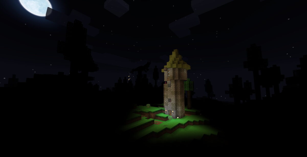 Tour solitaire éclairée sous la lune dans MC Eternal Minecraft