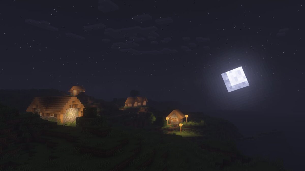 Vue nocturne Minecraft avec préréglage Lemon du shader Pastel et village éclairé