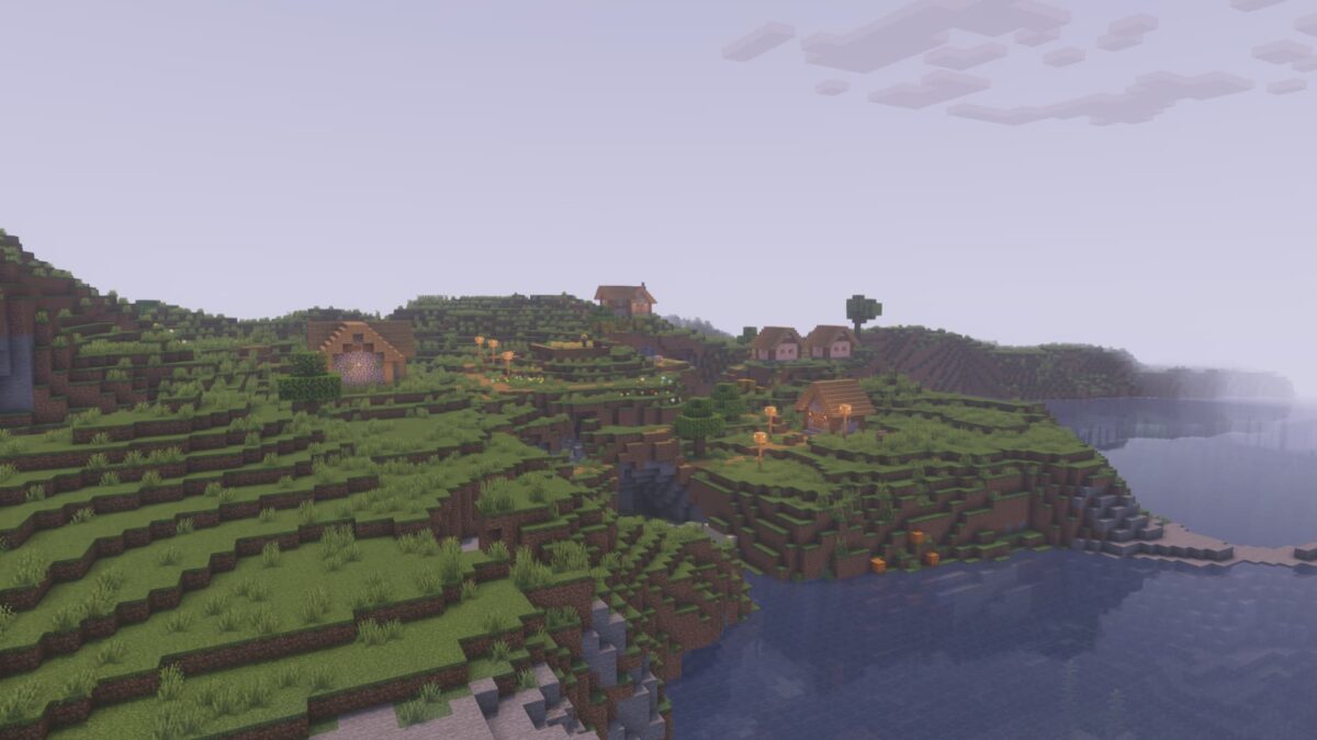 Vue panoramique Minecraft avec préréglage Rose Quartz du shader Pastel sur un village et des collines