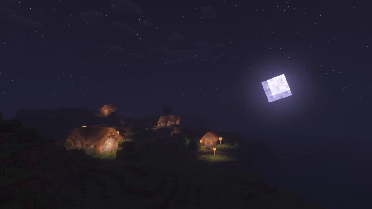 Vue nocturne Minecraft avec préréglage Rose Quartz du shader Pastel sur un village éclairé