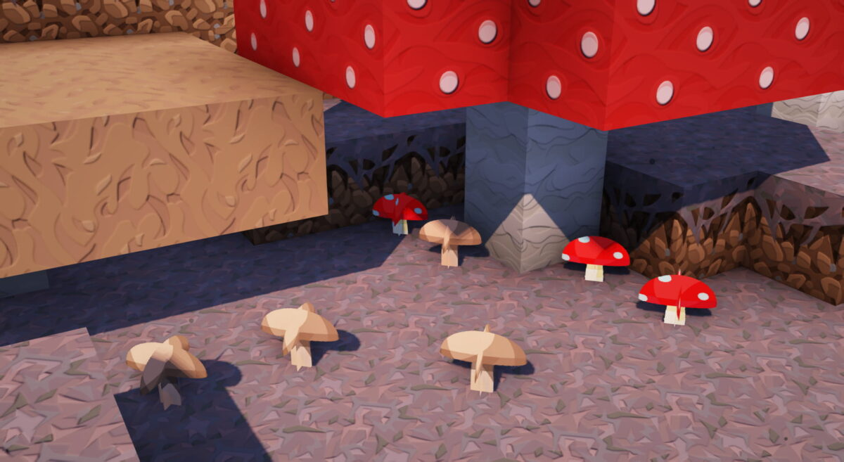 Île aux champignons avec un grand champignon et des petits champignons dans Minecraft avec Prime’s HD Textures