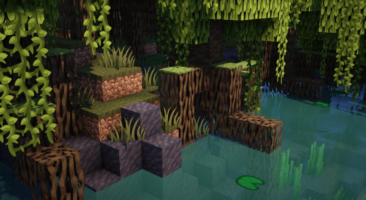 Marais de mangrove avec eau et végétation détaillées dans Minecraft avec Prime’s HD Textures