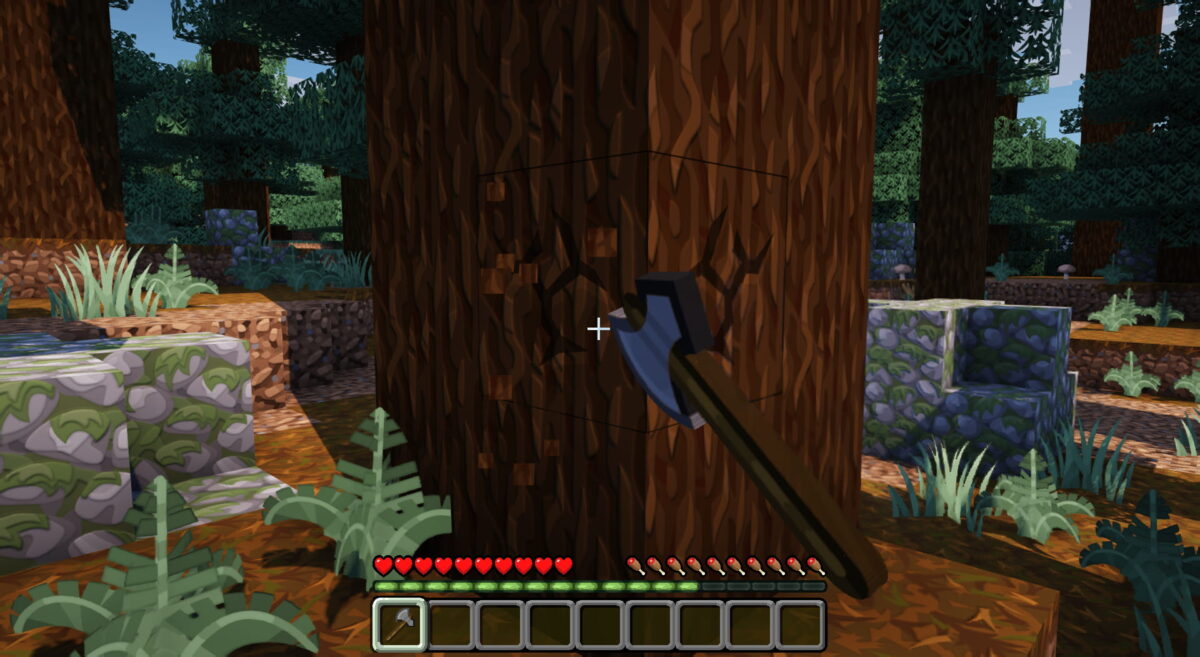 Joueur coupant un arbre en mode survie dans Minecraft avec Prime’s HD Textures