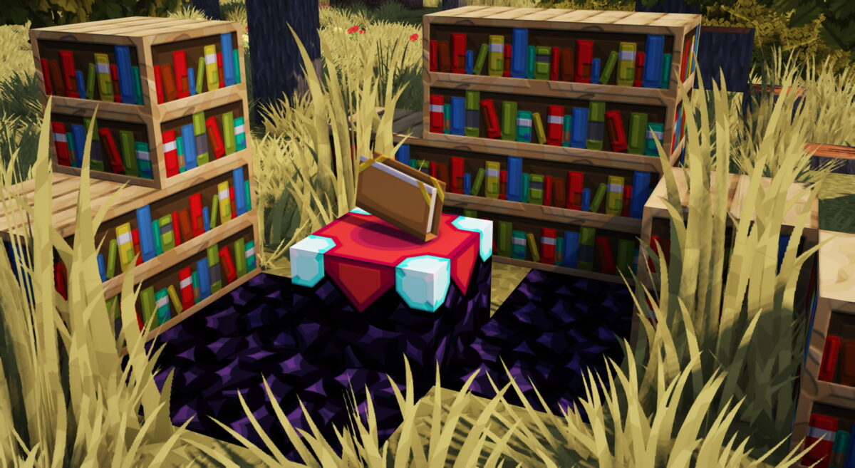 able d'enchantement entourée de bibliothèques dans Minecraft avec Prime’s HD Textures