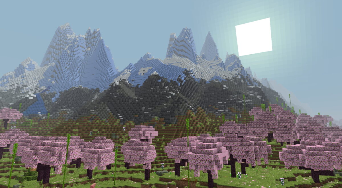 montagnes enneigées et forêt de cerisiers terratonic minecraft