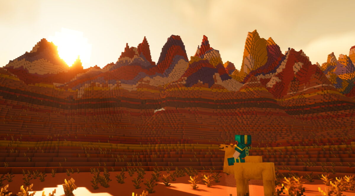 paysage montagneux badlands terratonic minecraft avec chameau et coucher de soleil