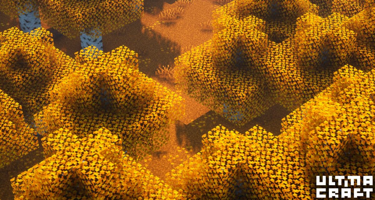 texture personnalisée d'arbres avec des feuilles jaunes automnales dans Minecraft avec UltimaCraft