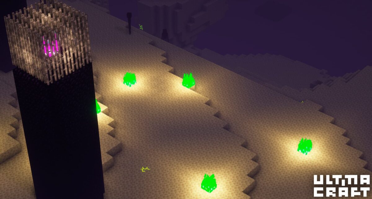 endstone avec fissures, feu vert et flammes violettes sur les piliers dans l'End avec UltimaCraft Minecraft