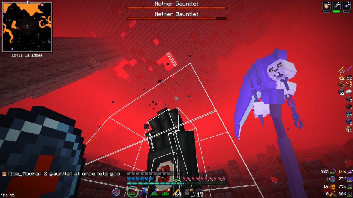 DarkRPG Minecraft modpack combat de boss dans le Nether avec l'affichage des barres de vie des boss Gauntlet et des armes magiques