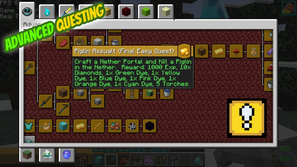 DarkRPG Minecraft modpack menu de quête avancée avec une quête finale de type Piglin Assault