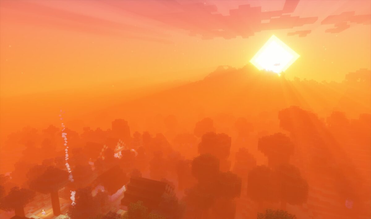 Coucher de soleil vibrant dans la taïga avec le shader DrDestens MCShaders sur Minecraft, mettant en valeur les rayons de lumière et les teintes chaleureuses.