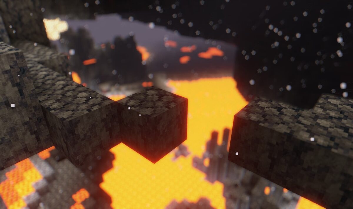 xploration du Nether dans Minecraft avec le shader DrDestens MCShaders, mettant en avant les effets de lumière et de flou cinématographique.