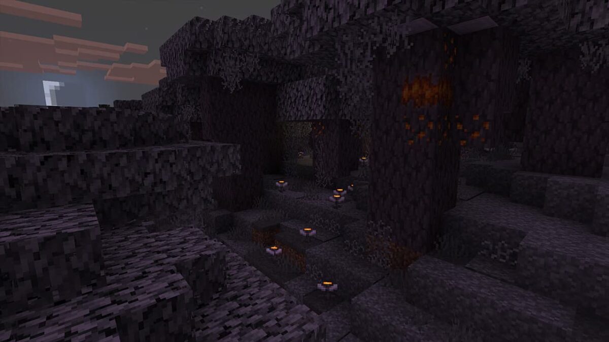 Eyeblossoms Minecraft en pleine floraison dans le Jardin Pâle la nuit, fleurs lumineuses orange.