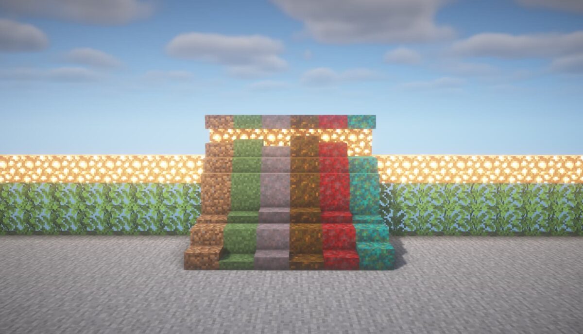 Blocs de gazon empilables de Grass Overhaul Minecraft, jour, avec mycélium, podzol, nylium et herbe