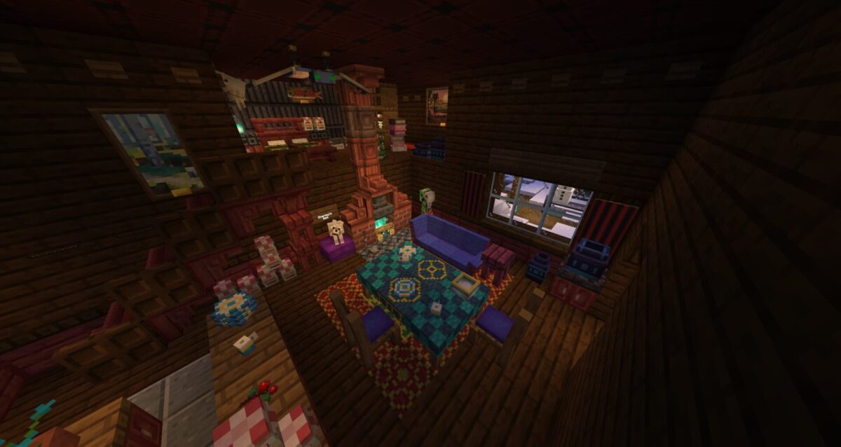 décoration intérieure chaleureuse dans Minecraft avec le mod Handcrafted, ambiance cosy avec meubles et accessoires personnalisés