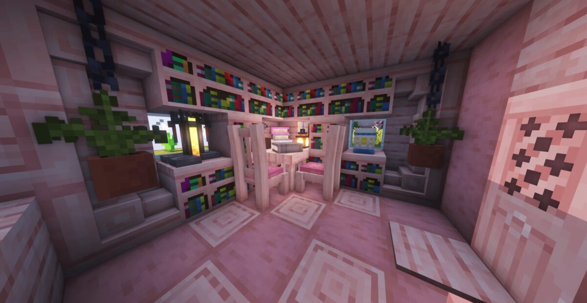 chambre avec bibliothèques intégrées et ambiance rose dans Minecraft avec le mod Handcrafted