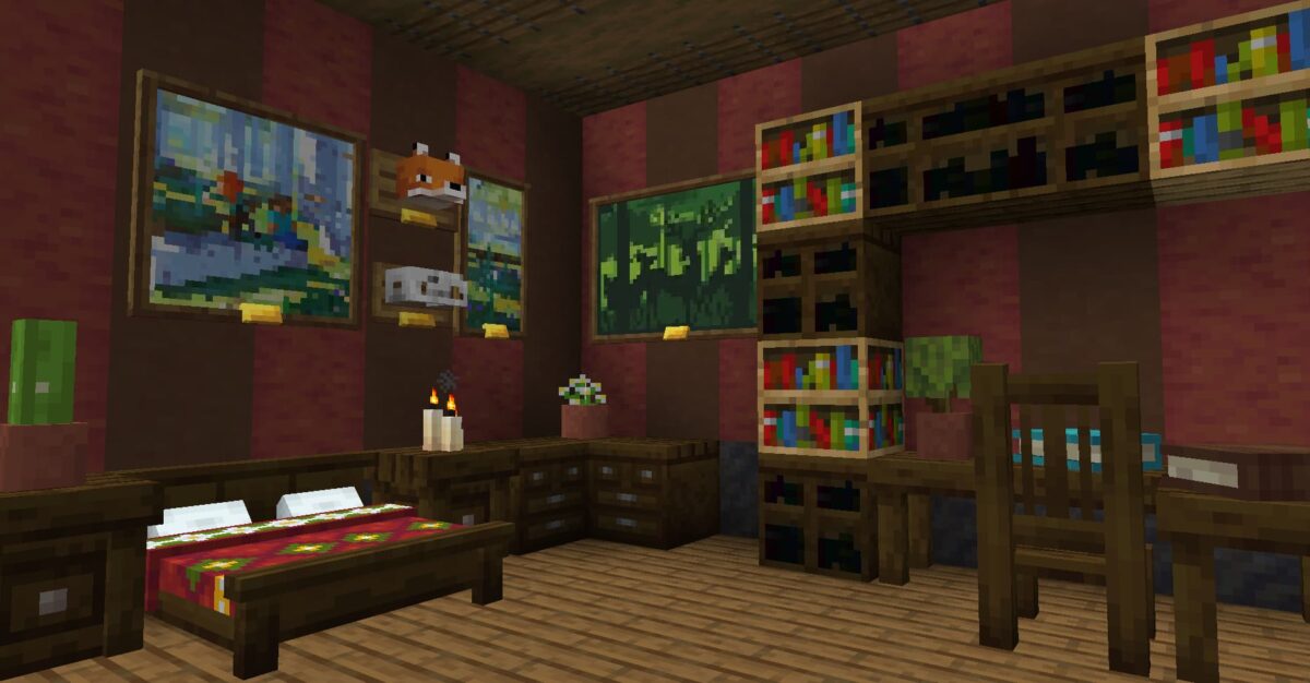 chambre dans Minecraft avec le mod Handcrafted, meubles en bois et décorations murales