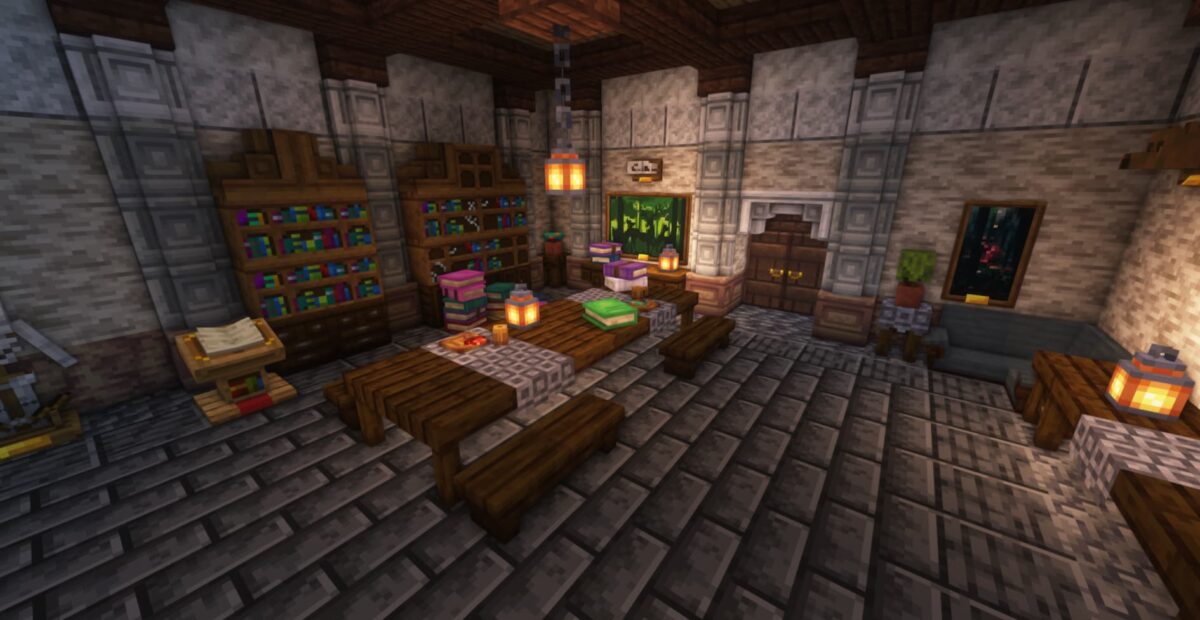 décor de chambre de château dans Minecraft avec le mod Handcrafted, meubles rustiques et étagères de livres