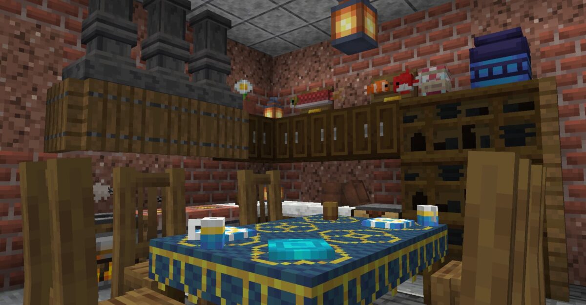 cuisine en style rustique dans Minecraft avec le mod Handcrafted, table en bois et décorations murales