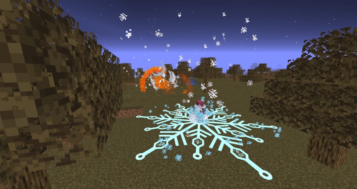 Duel intense entre Akaza et Rengoku dans Minecraft, scène tirée du mod Demon Slayer avec effets de feu et de glace.