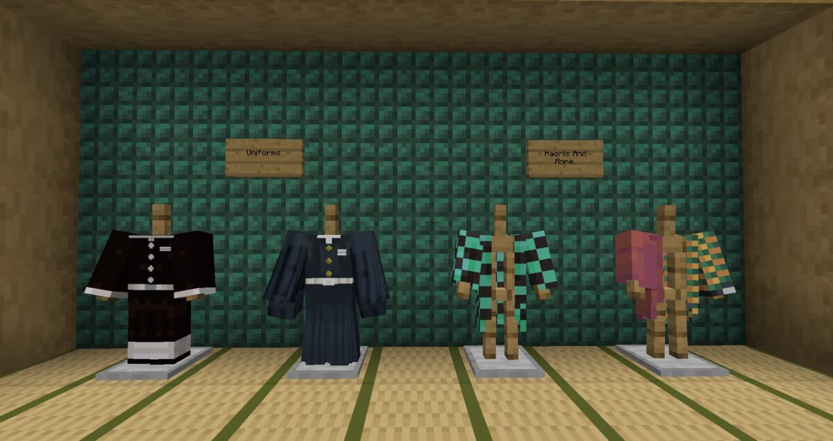 Vêtements et armures inspirés de Demon Slayer dans Minecraft, incluant des haoris et uniformes distinctifs.