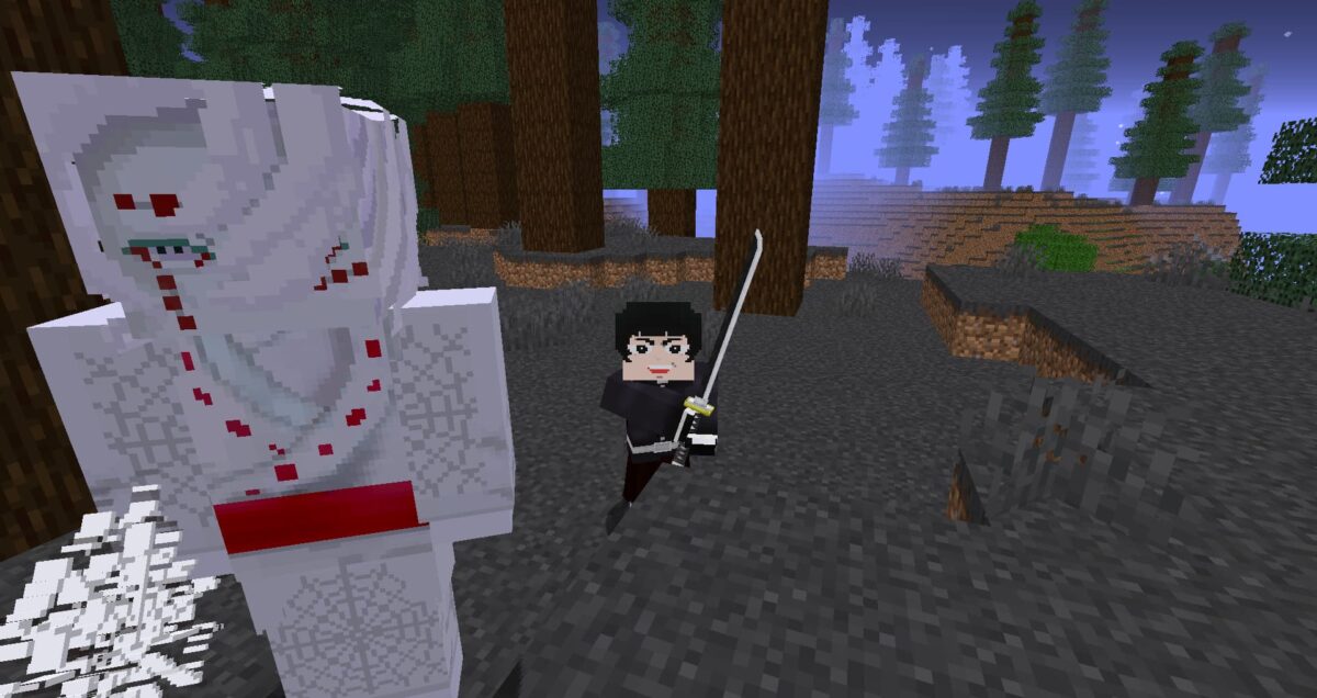 Rui face à un Slayer dans Minecraft, scène de tension du mod Demon Slayer.