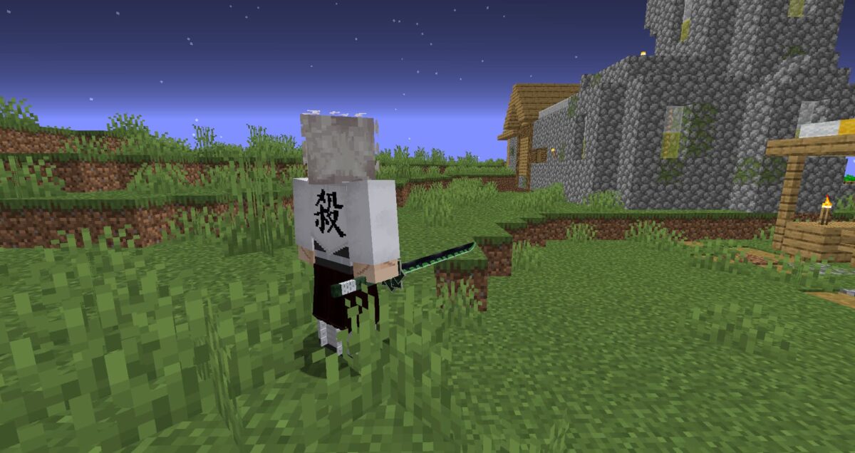 Personnage Shinazugawa avec une épée dans Minecraft, hommage à l'univers Demon Slayer.